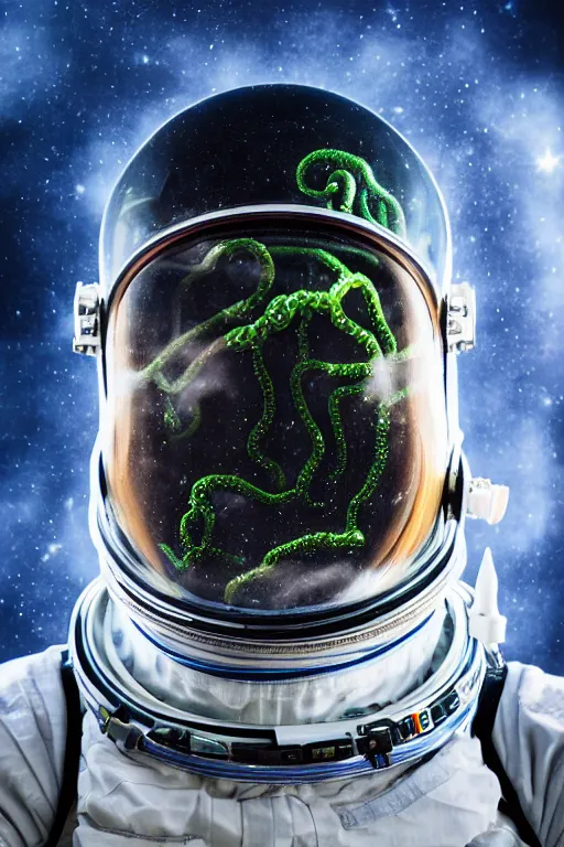 Image similar to extremely detailed studio portrait of space astronaut, alien tentacle protruding from eyes and mouth, slimy tentacle breaking through helmet visor, shattered visor, full body, soft light, disturbing, shocking realization, award winning photo by lisa kristine