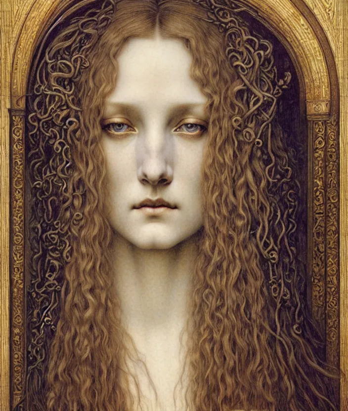 Image similar to detailed realistic beautiful young medieval queen face portrait by jean delville, gustave dore and marco mazzoni, art nouveau, symbolist, visionary, gothic, pre - raphaelite. horizontal symmetry