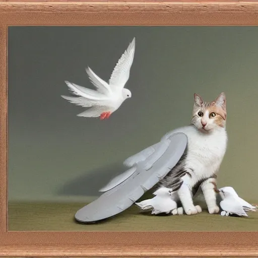 Image similar to cat playing with the dove of peace, photorealistic, detailed