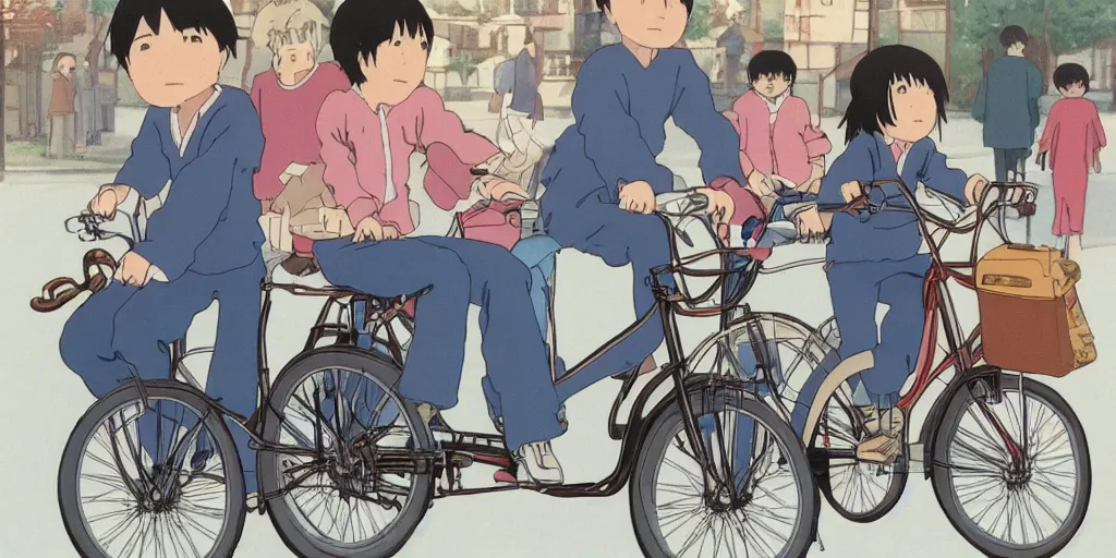 Prompt: three people share a bike, front and rear seats, lovely, by hayao miyazaki