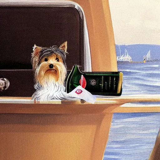 Image similar to a Yorkshire terrier on a yacht wearing a black bow tie holding a bottle of Dom Pérignon, extremely detailed masterpiece, illustration, by Michael Sowa,