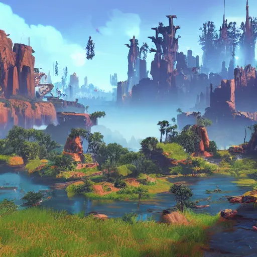 Image similar to A Landscape with a city in the style of horizon zero dawn