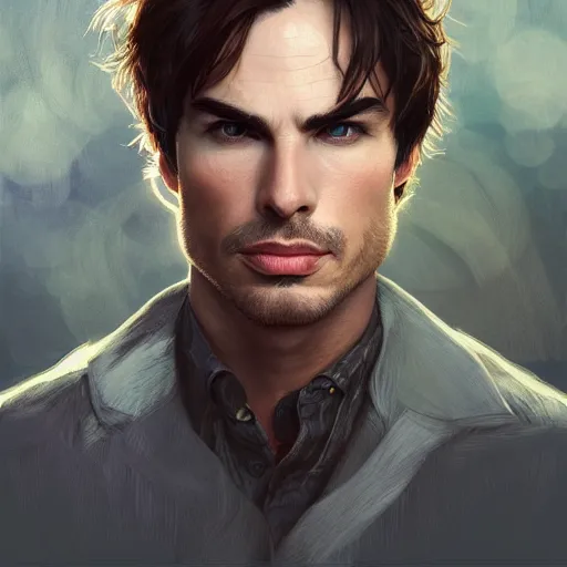 Image similar to portrait of ian somerhalder, wide angle, intricate, wild, highly detailed, digital painting, artstation, concept art, smooth, sharp focus, illustration, art by artgerm and greg rutkowski and alphonse mucha - W 768