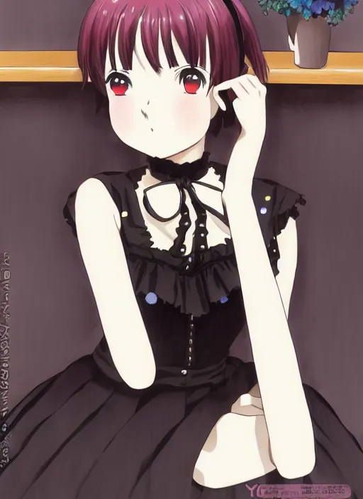 Prompt: anime portrait of a young girl wearing a black pleated gothic dress and choker posing in a cafe interior, cute face by yoshinari you and ilya kuvshinov, kyoto animation, kawaii, manga,, beautiful, vibrant, jean giraud, gradation, dyanamic perspective, dynamic pose, bright colors
