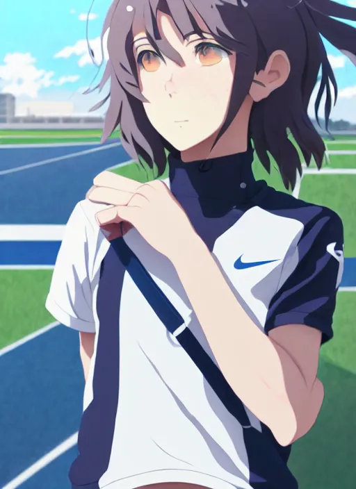 Image similar to portrait of high school runner girl, sunny sky background stadium landscape illustration concept art anime key visual trending pixiv fanbox by wlop and greg rutkowski and makoto shinkai and studio ghibli and kyoto animation symmetrical facial features short hair sports clothing marathon race nike shirt