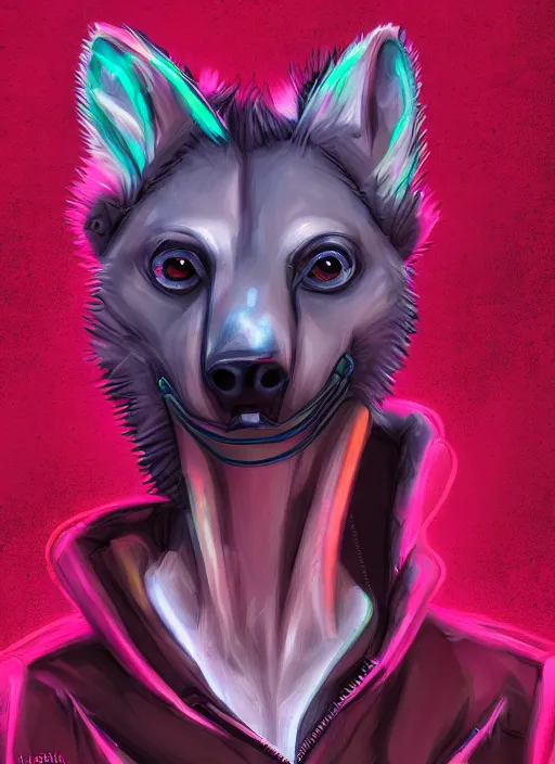 Image similar to digital painting of anthromorphic hyena female, fursona, furry fandom, neon rainy cyberpunk setting, anthro, wearing cyberpunk leather jacket, detailed face,