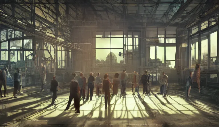 Image similar to group of people in bare walled warehouse, looking at hologram of futuristic city on a table, cinematic concept art, godrays, golden hour, natural sunlight, 4 k, clear details, tabletop model buildings, center model buildings, hologram center, crane shot, crane shot, crane shot