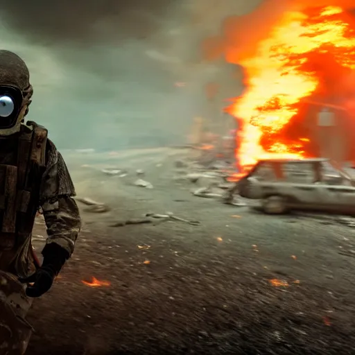 Prompt: a masked soldier running toward the camera with a rifle with a massive fiery explosion behind him with debris and damaged vehicles and buildings everywhere , cinematic framing, cinematic lighting, hdr, gritty, movie still, 4k, in the style of the movie lone survivor