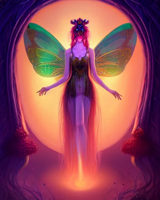 Image similar to portrait, stunningly beautiful female faerie priestess in amanita muscaria forest landscape, symmetrical wings on back, neon hair, wearing a dress of gossamer gold, inner glow, illustration, dramatic lighting, soft details, painting, art nouveau, octane render, 8 k, hd, by brom, faces by otto schmidt