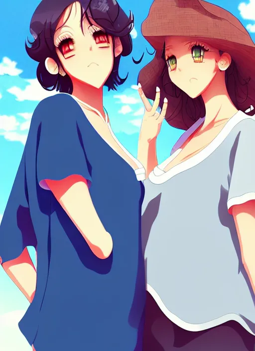 Image similar to two beautiful mature women under a blue sky, casual summer clothes, gorgeous faces, thick lines, cinematic lighting, detailed anime art