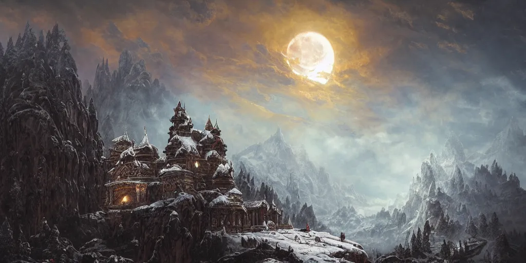 Image similar to Epic Exterior of ornate mountain temple, craggy cliffs, swirling skies, blood moon, very ominous environment, icy ground, wintry light, icy snowy stunning atmosphere, godly light, light shafts, epic realm, bloom, in style of Ivan Shishkin and in style of Greg Rutkowski