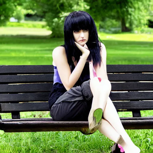 Image similar to emo goth girl sitting on a bench in front of a British house on a hot day, 2006, black hair