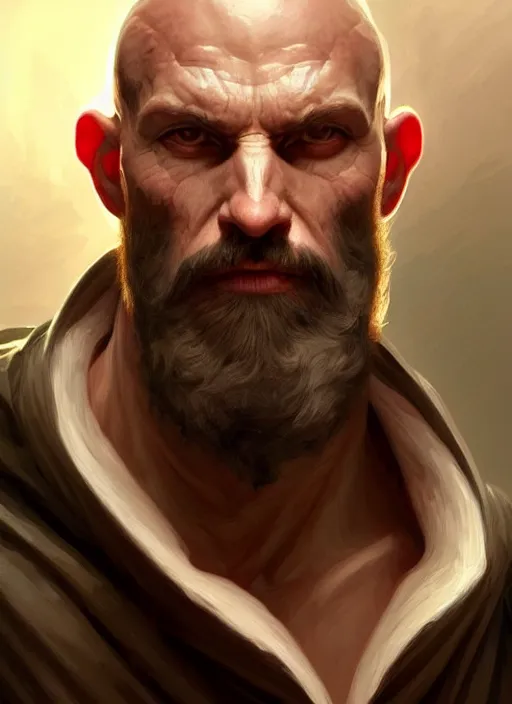 Image similar to Portrait of a man, bald, beard, scarred! Sith, evil, muscular, robes! night, intricate, elegant, highly detailed, digital painting, artstation, concept art, smooth, sharp focus, illustration, art by artgerm and greg rutkowski and alphonse mucha