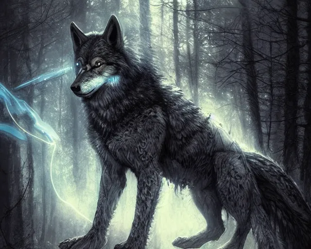 Prompt: 5 5 mm portrait photo of an armored holy wolf angelic with blue glowing eyes and looking at the camera, glowing with holy lights, holy energy, in a magical forest. magical atmosphere. art by greg rutkowski and luis royo. highly detailed 8 k. intricate. lifelike. soft light. nikon d 8 5 0.