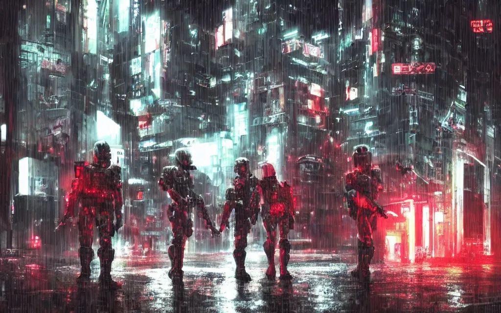 Image similar to film futuristic soldiers in tactical armor like SWAT robocop Elysium raid a neo tokyo apartment building in the rain at night. Red Neon Lights reflect in the puddles