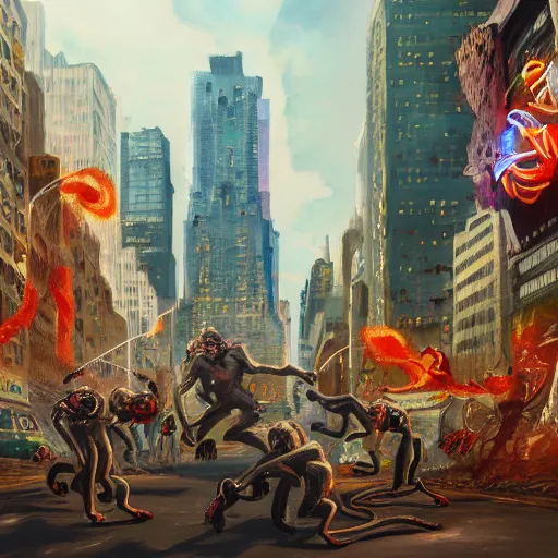 Prompt: a group of angry monkeys attack manhattan, dramatic painting, trending on artstation, 4 k, concept art