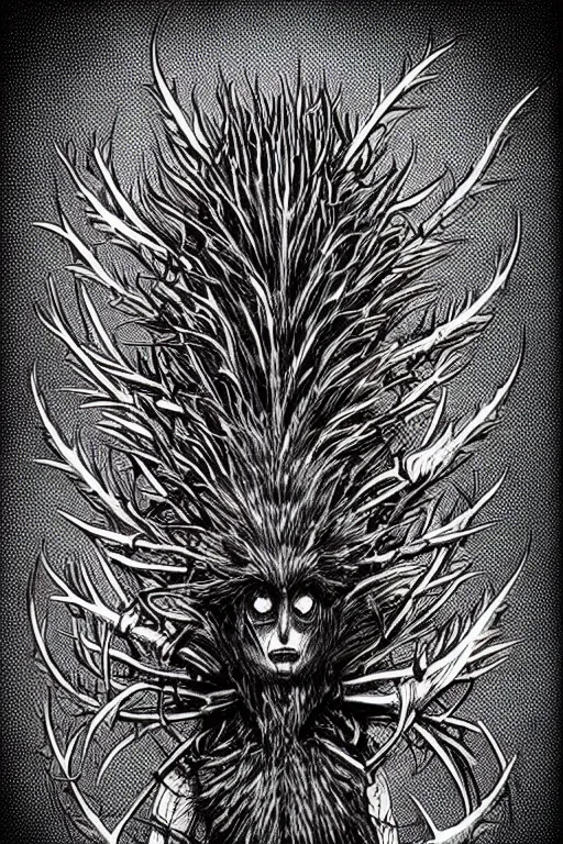 Image similar to thistle monster humanoid figure, symmetrical, highly detailed, digital art, needles, thorns, sharp focus, trending on art station, kentaro miura manga art style