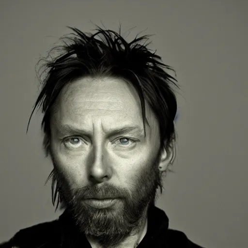 Image similar to Thom Yorke, a man with a beard and a black jacket, a portrait by John E. Berninger, dribble, neo-expressionism, uhd image, studio portrait, 1990s