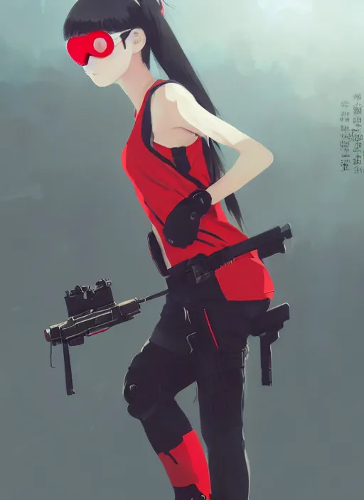 Prompt: a girl with red sports clothes, paintball mask, reflective lens, softair center landscape, illustration, concept art, anime key visual, trending pixiv fanbox, by wlop and greg rutkowski and makoto shinkai and studio ghibli and kyoto animation, airsoft cqb, short hair, airsoft electric pistol, realistic anatomy