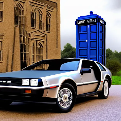 Image similar to of a DeLorean parked in front of Dr.who's Tardis 4k photorealism ultra high quality