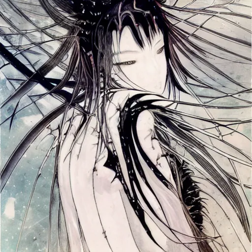 Image similar to Yoshitaka Amano blurred and dreamy illustration of an anime girl with black eyes, wavy white hair fluttering in the wind and cracks on her face wearing elden ring spiky armor, abstract black and white patterns on the background, noisy film grain effect, highly detailed, Renaissance oil painting, weird portrait angle, evangelion color palette