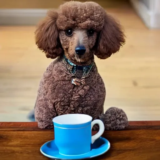 Prompt: Cute poodle sitting inside a tea cup