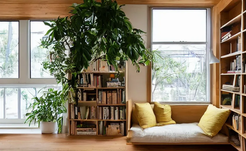 Image similar to interior desing magazine photo of a big window with a wooden frame to sit on, some sandy yellow pillows, there are some books on a small integrated shelf, hanging plants, great architecture, ambient light, 8k