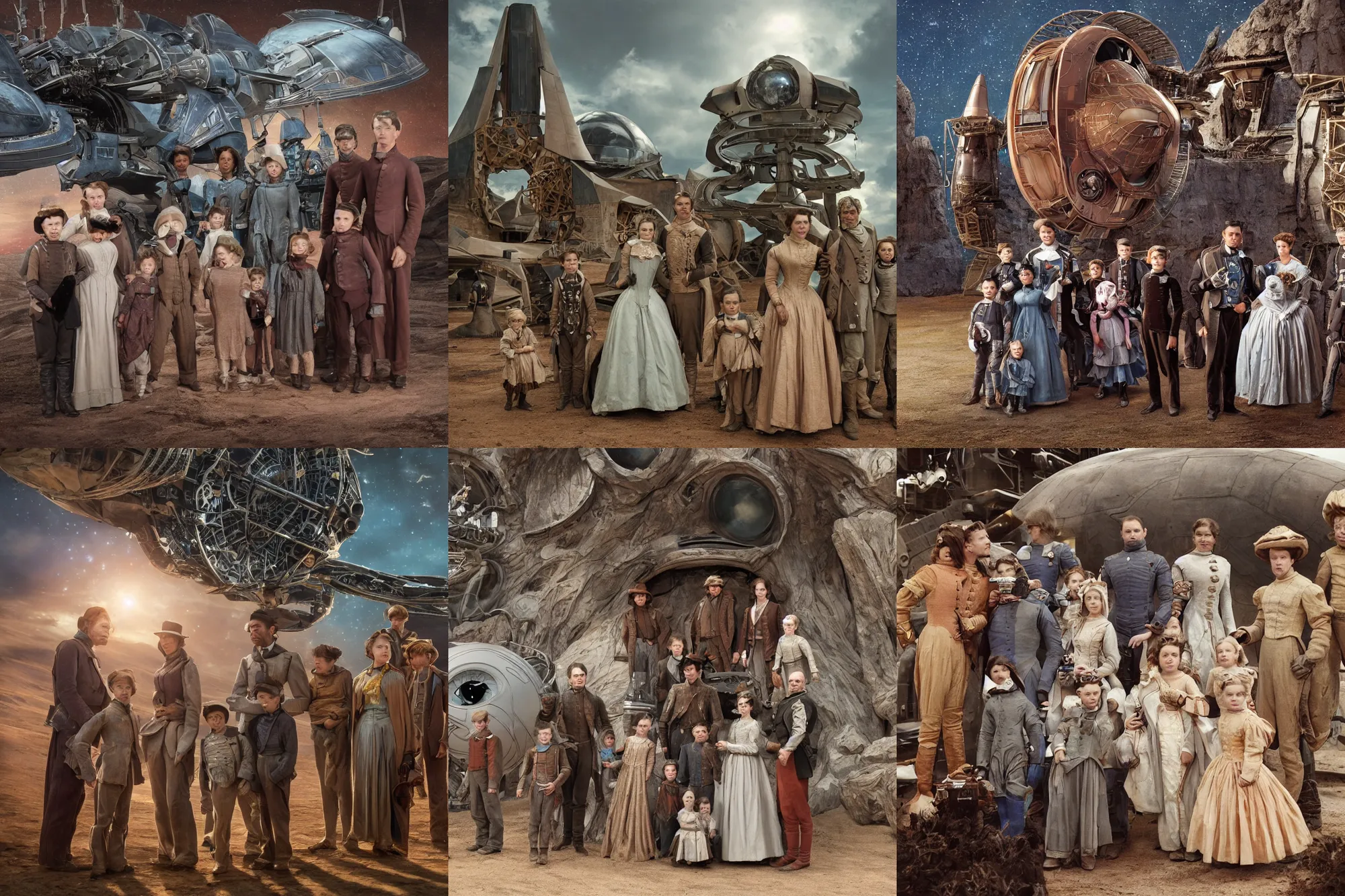 Prompt: highly detailed, 524288k film still from a sci fi blockbuster color movie made in 2019, set in 1860, of a family standing in front of a spaceship that has just landed on an alien planet, a humanoid alien creature stands nearby, the family are all wearing 1860s era clothes, good lighting, good photography
