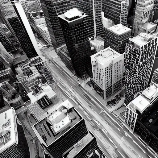 Prompt: busy city street, downtown manhattan, top down, business district, ultra realistic, black and white