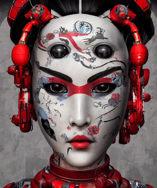 Image similar to an epic fantastic realism comic book style portrait painting of a japanese robotic geisha with kanji tattoos and decals, apex legends, octane render, intricate detail, 4 k hd, unreal engine 5, ex machina, irobot