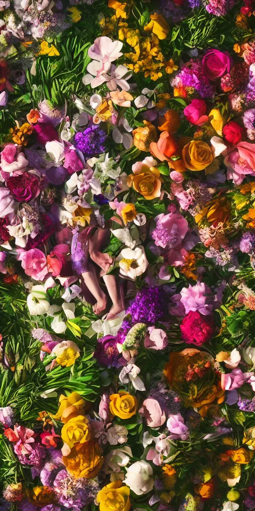 Image similar to a lovely cornucopia of flowers and human body parts, body parts, highly detailed, octane render, cinematic