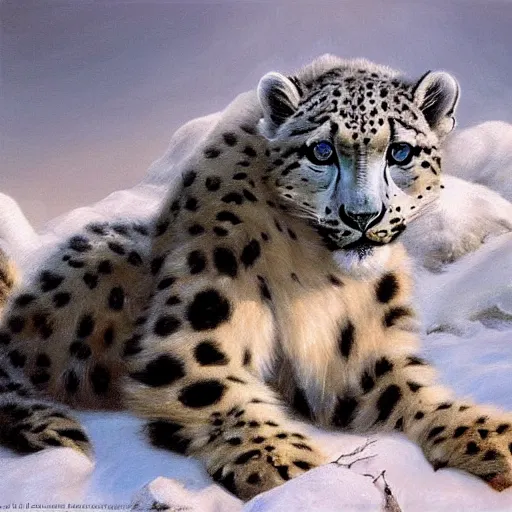 Prompt: oil painting of a snow leopard on canvas, by James gurney, realism, warm lighting, award winning, high detail, professional, volumetric lighting