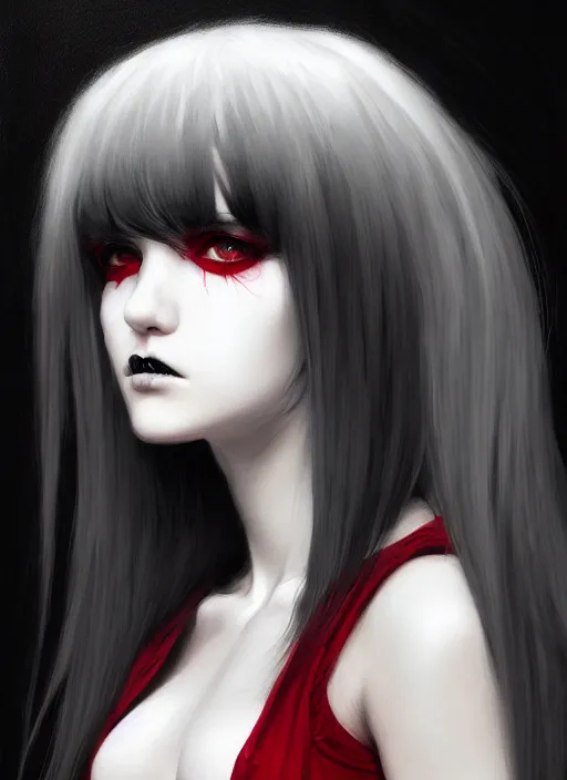 Image similar to portrait of white teenage girl, normal face, black bangs, mall goth, cyberlox, black and white hair, bangs, fluffy bangs, red contacts, intricate, elegant, highly detailed, digital painting, artstation, concept art, sharp focus, smooth, illustration, art by wlop, mars ravelo and greg rutkowski