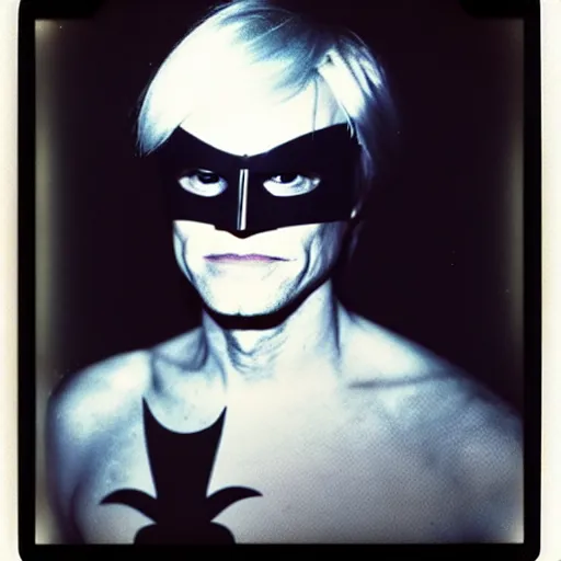 Prompt: Polaroid Portrait of Andy Warhol wearing a 1960s Batman Mask, taken in the 1970s, photo taken on a 1970s polaroid camera, grainy, real life, hyperrealistic, ultra realistic, realistic, highly detailed, epic, HD quality, 8k resolution, body and headshot, film still, front facing, front view, headshot and bodyshot, detailed face, very detailed face