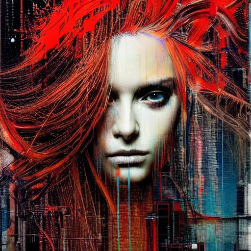 Prompt: hyperrealistic portrait of a mysterious cyberpunk woman with flowing hair, by Guy Denning, Russ Mills, beautiful, elusive, glitch art, hacking effects, glitch effects, digital tech effects, cybernetics, detailed lines, intricate detail, holographic, chromatic, clear, color blocking, acrylic on canvas, octane, concept art, abstract, red face, front view, 8k, cgsociety, trending on artstation