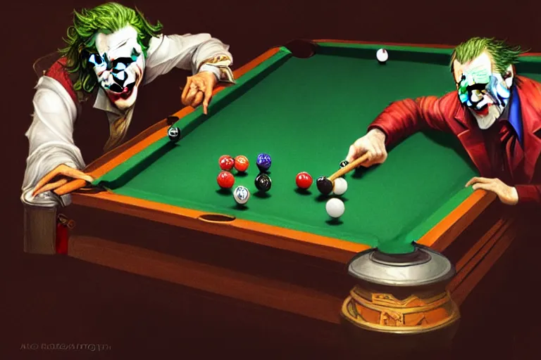 Prompt: photography of the joker playing pool, deep focus, d & d, intricate, elegant, highly detailed, digital painting, artstation, concept art, matte, sharp focus, illustration, hearthstone, art by artgerm and greg rutkowski and alphonse mucha