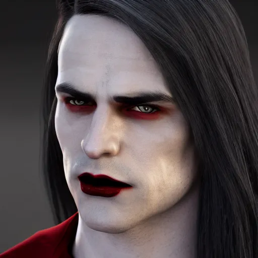 Prompt: a pale vampire, male, mid - 3 0 s, long black hair, clean shaven, dressed formally in red and black, high fantasy, realistic, classy, highly detailed, concept art, smooth, sharp focus, unreal engine 5, 8 k.