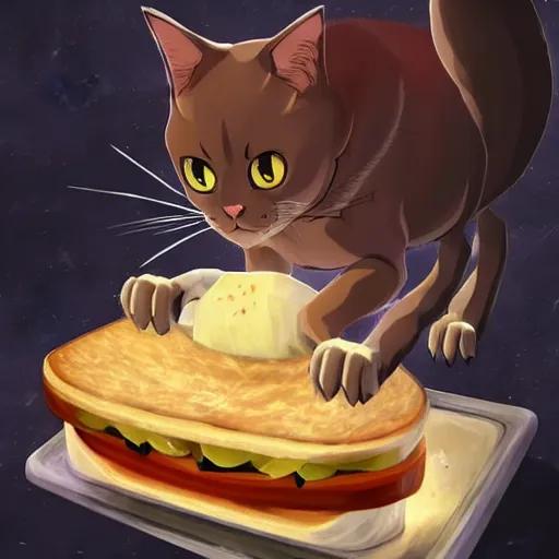 Image similar to a scared cat cowardly running away from the giant carnivorous sandwich, artstation hq, dark phantasy, stylized, symmetry, modeled lighting, detailed, expressive, true unsimulated emotions, created by hayao miyazaki