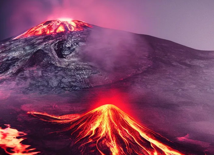 Image similar to highly detailed photo of an erupting volcano with lava flowing down the sides, film, photography, bokeh, Canon 50mm, cinematic lighting, volumetric light, octane, octane render, redshift render