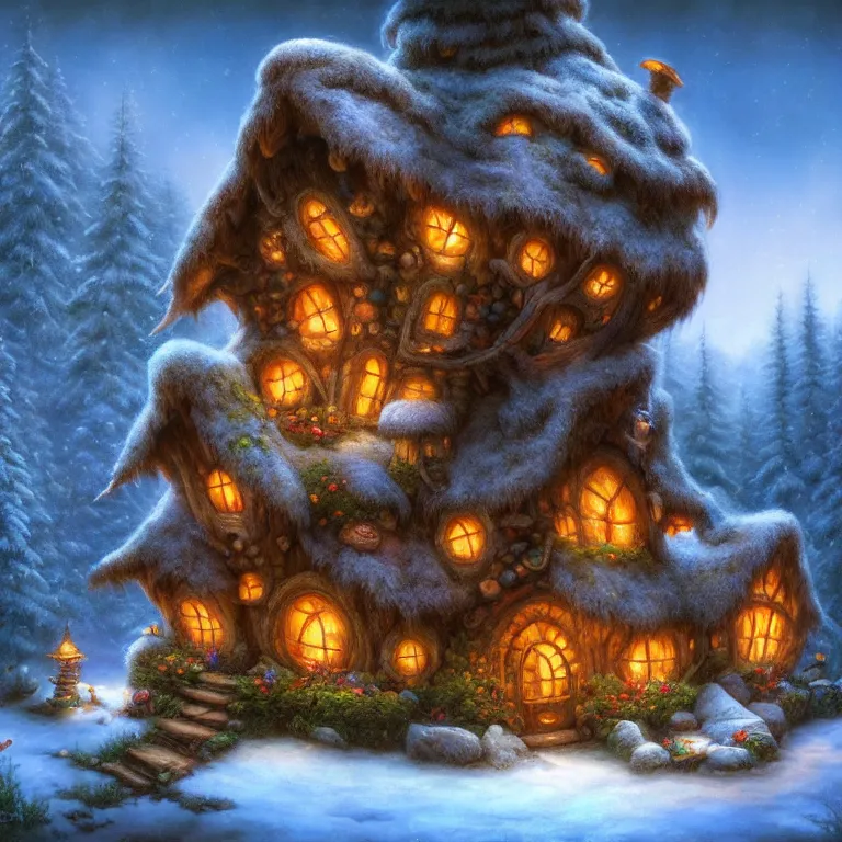 Prompt: whimsical faerie log house by Justin Gerard, 4k