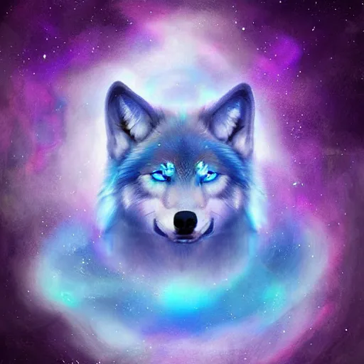 Prompt: A blue translucent wolf meditating in outer space, stars, artstation, digital art, spiritual, award winning, colourful