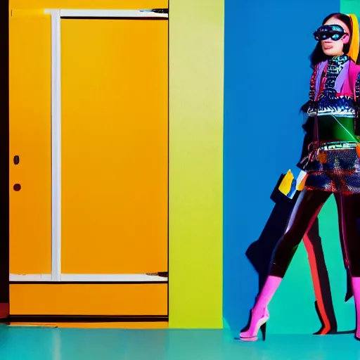 Prompt: a vibrant photograph of a woman with googles, wide shot, in doors, colourful lighting warm and cold, editorial fashion photography, from vogue magazine