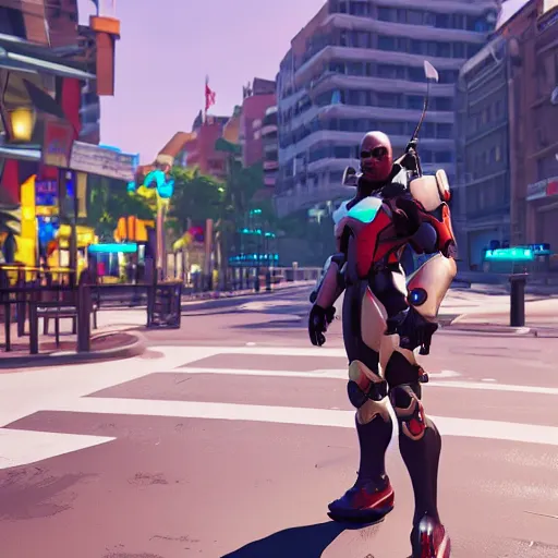 Image similar to ho chi minh is the newest overwatch character, kings row in the background, octane render, blender render, unreal engine, standing pose, cinematic lighting, symmetrical