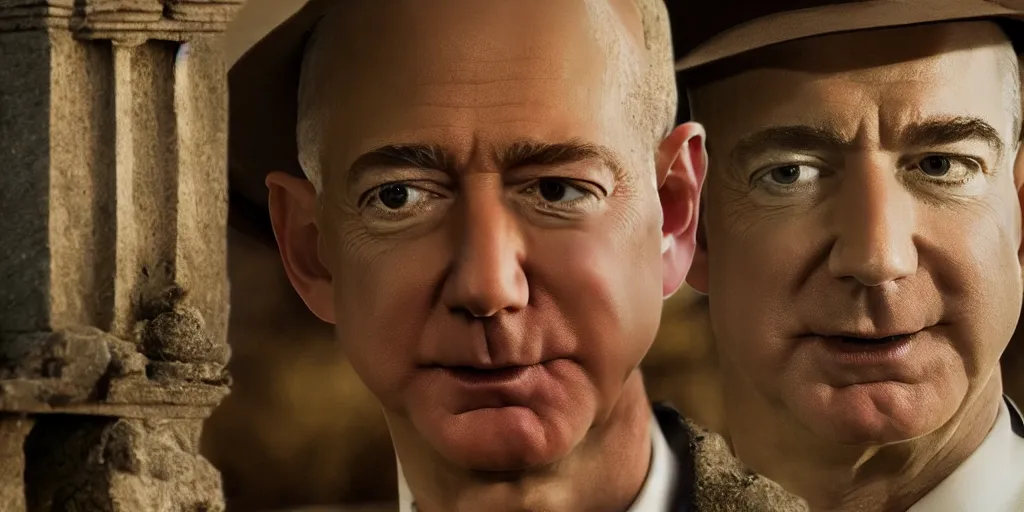 Image similar to film frame of jeff bezos taking a trasure from an ancient temple. indiana jones style 4 k quality rule of thirds jeff bezos dressed as indiana jones detail cinematic color grading by christopher nolan. portrait photography. close shot