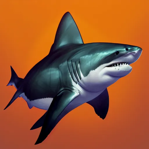 Prompt: great white shark with an orange traffic cone instead of a fin - ron cheng & alphonse mucha, highly detailed, digital painting, ray tracing, concept art, illustration, smooth sharp focus, intricate, symmetry, artstation,