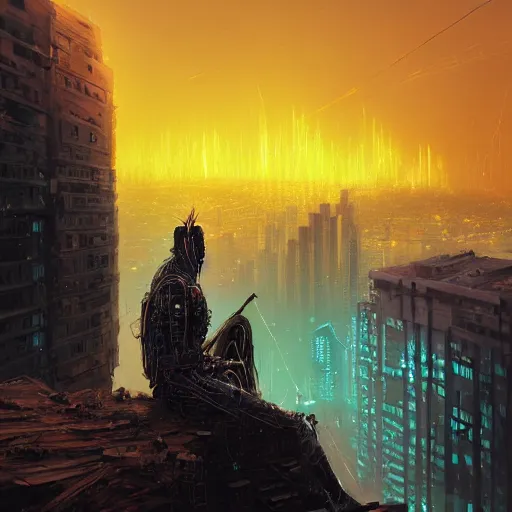 Prompt: a cyberpunk zulu warrior sitting on a cliff watching an enormous metropolitan city burn!! from a distance at night, fire, by alena aenami and android jones and greg rutkowski, Trending on artstation, hyperrealism, elegant, stylized, highly detailed digital art, 8k resolution, hd, global illumination, radiant light, detailed and intricate cyberpunk ghetto environment, rendered in octane, post processed, wide angle