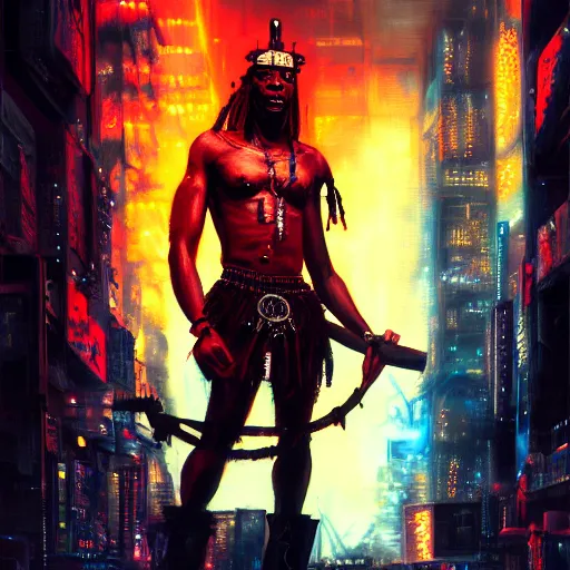 Prompt: shaka zulu as a cybperpunk gangster, eating fire in the neon ghetto, by greg rutkowski and android jones in a surreal portrait style, cyberpunk, oil on canvas, 8k
