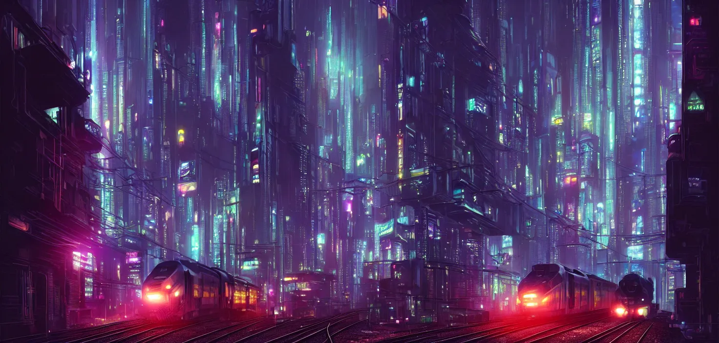 Prompt: a painting of a city at night with a train on the tracks, cyberpunk art by stephan martiniere, cg society contest winner, panfuturism, matte painting, dystopian art, reimagined by industrial light and magic