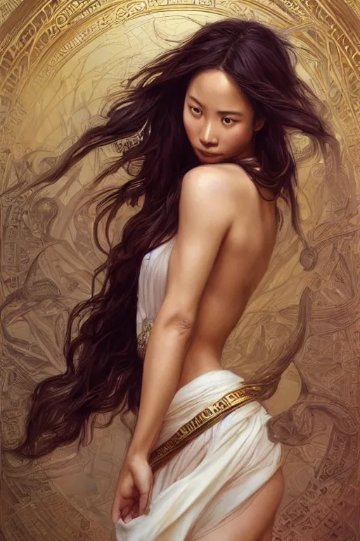 Prompt: ultra realistic illustration, a stunningly beautiful greek goddess of chaos played by jamie chung, intricate, elegant, highly detailed, digital painting, artstation, concept art, smooth, sharp focus, illustration, art by artgerm and greg rutkowski and alphonse mucha