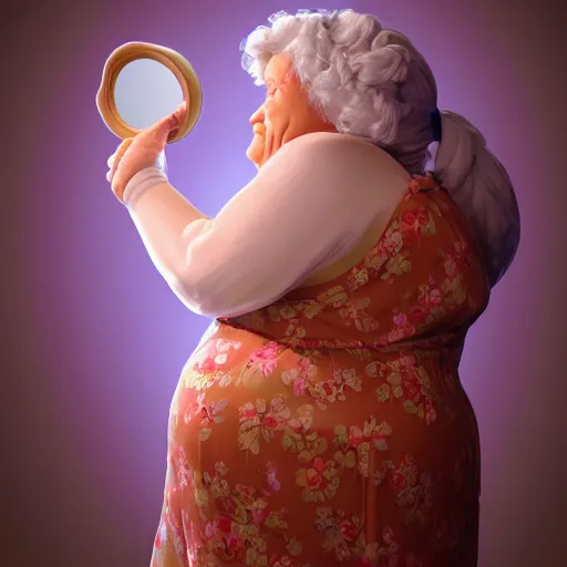 Image similar to of a very funny scene. ambient occlusion render. a sweet fat old woman is in kissing her huge belly. flowery dress. mirror. symmetrical face, red mouth, blue eyes. deep focus, lovely scene. ambient occlusion render. concept art. unreal engine.